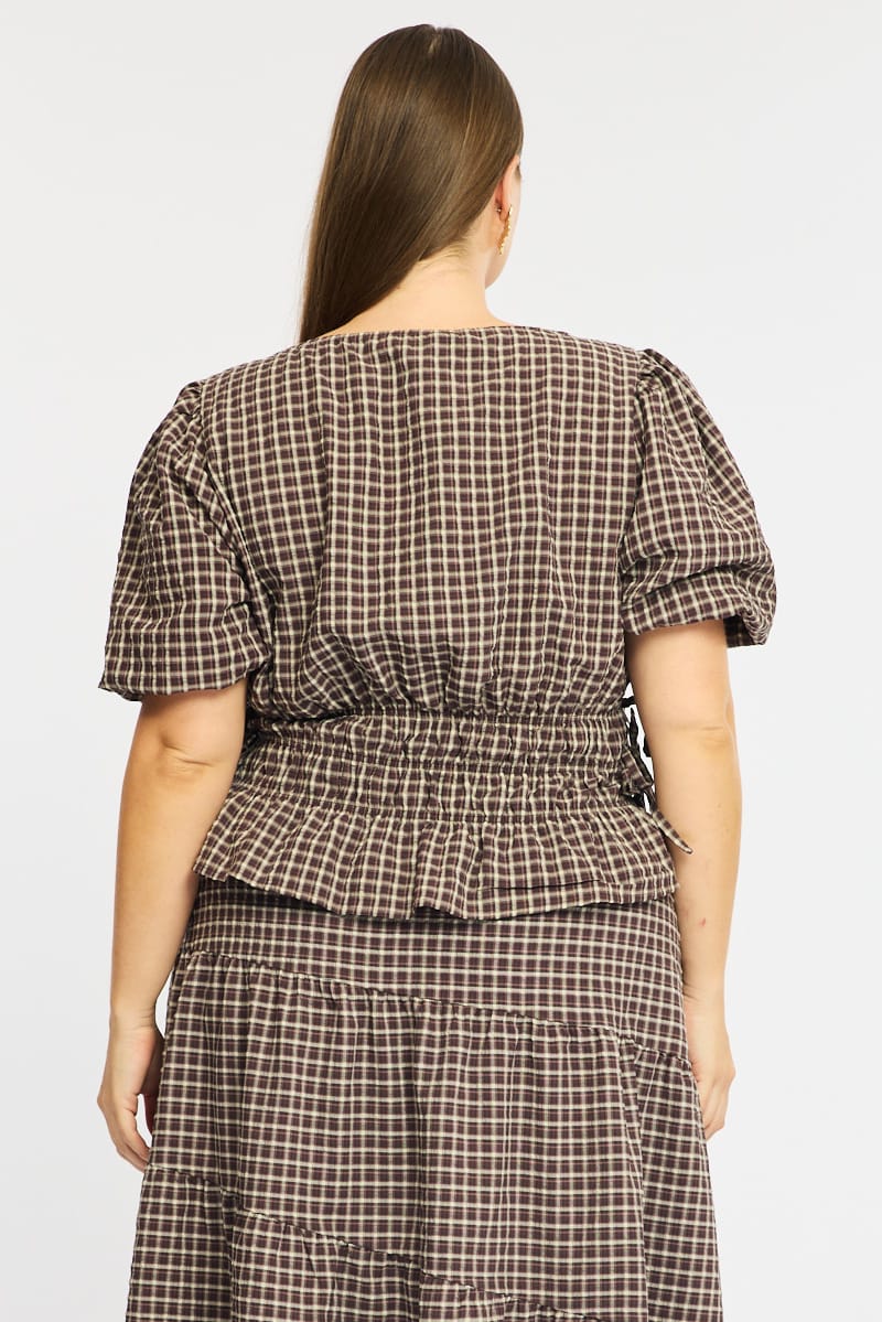 Brown Check Gathered Top Boat Neck Short Puff Sleeve - Image 6
