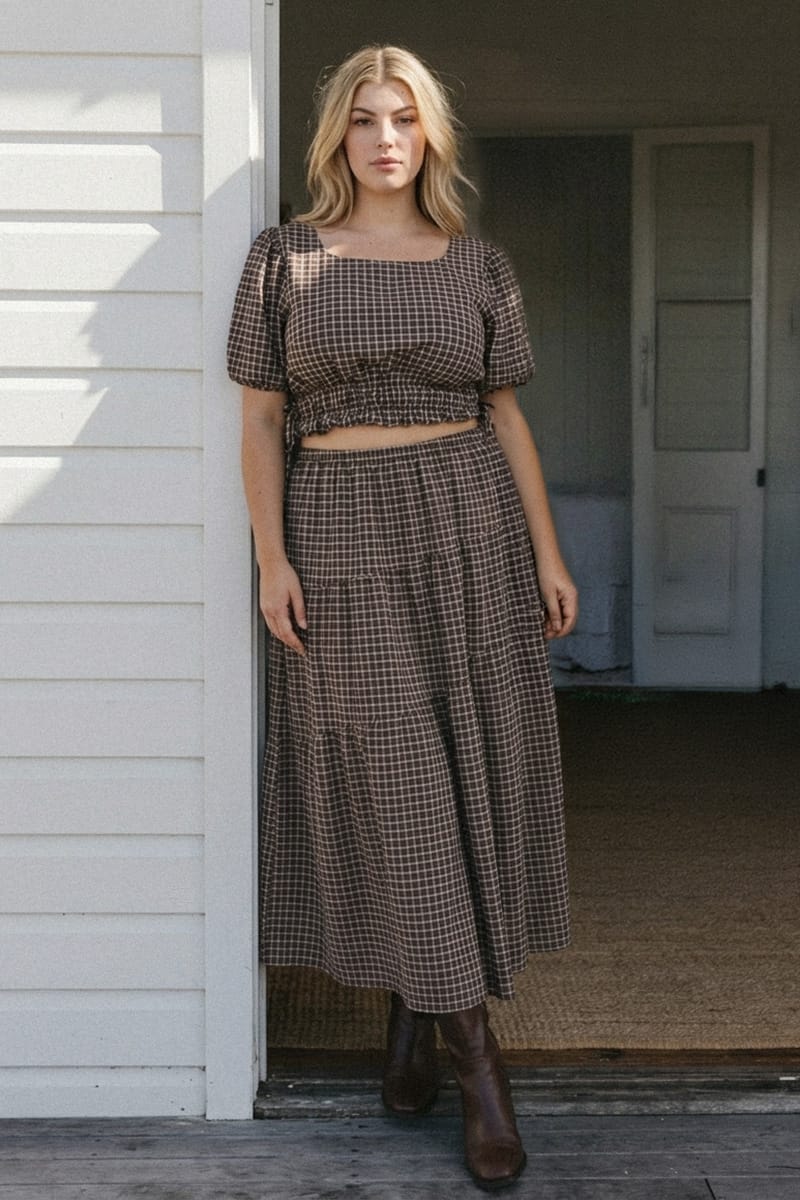 Brown Check Maxi Skirt Plaid