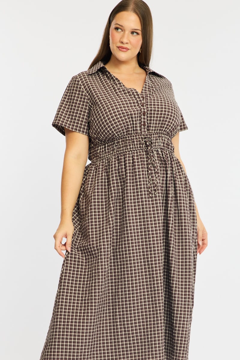 Brown Check Midi Dress Short Sleeve Shirt Detailed - Image 3