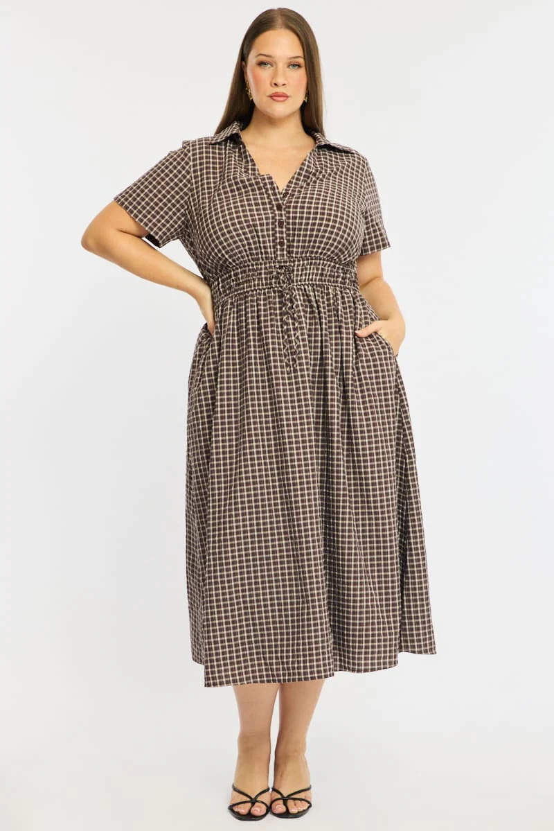 Brown Check Midi Dress Short Sleeve Shirt Detailed - Image 4