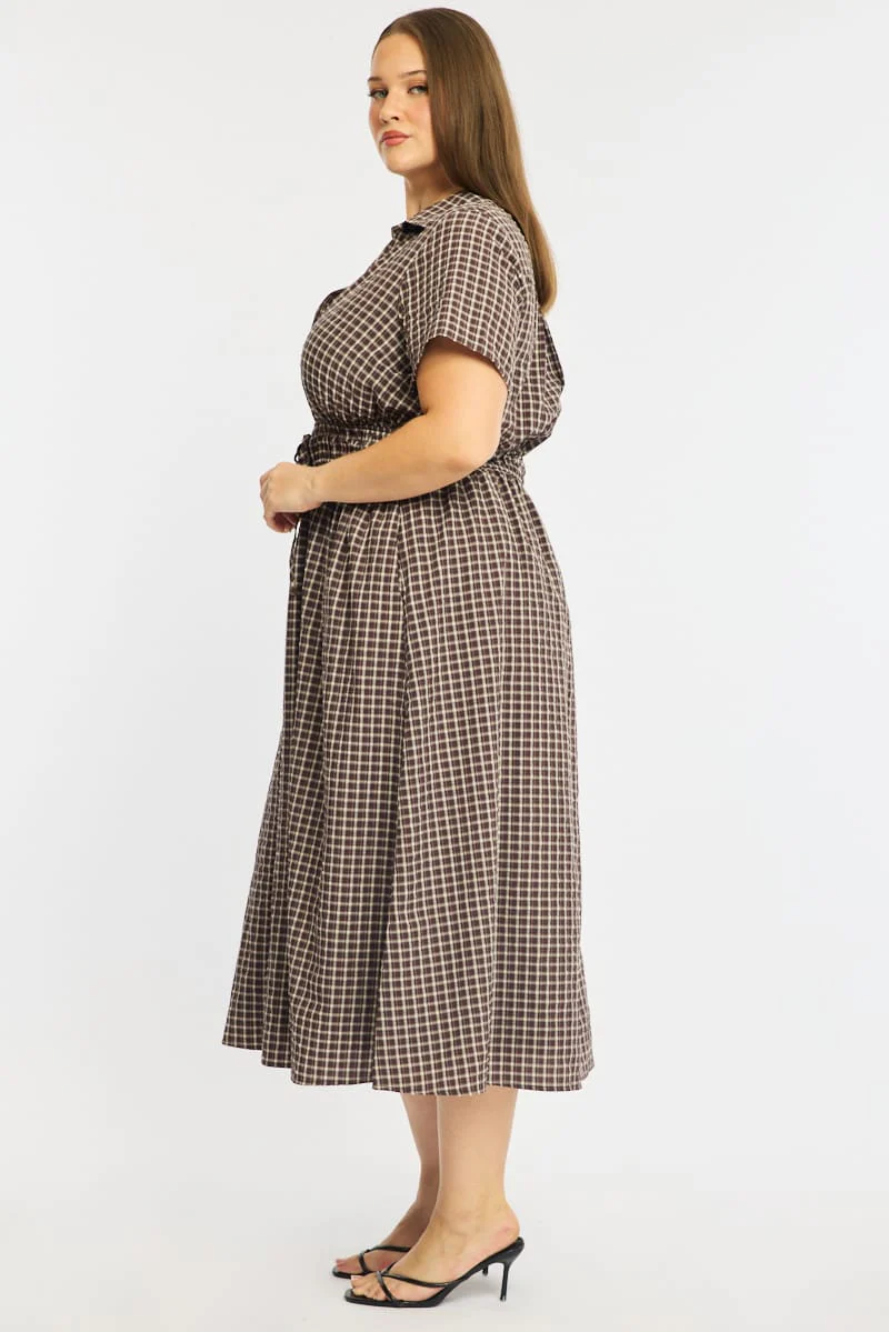 Brown Check Midi Dress Short Sleeve Shirt Detailed - Image 5