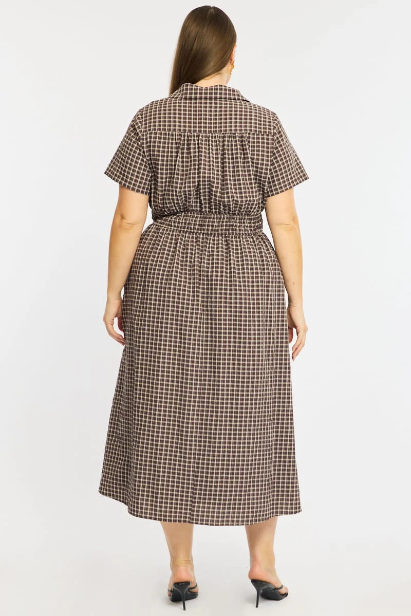 Brown Check Midi Dress Short Sleeve Shirt Detailed - Image 6