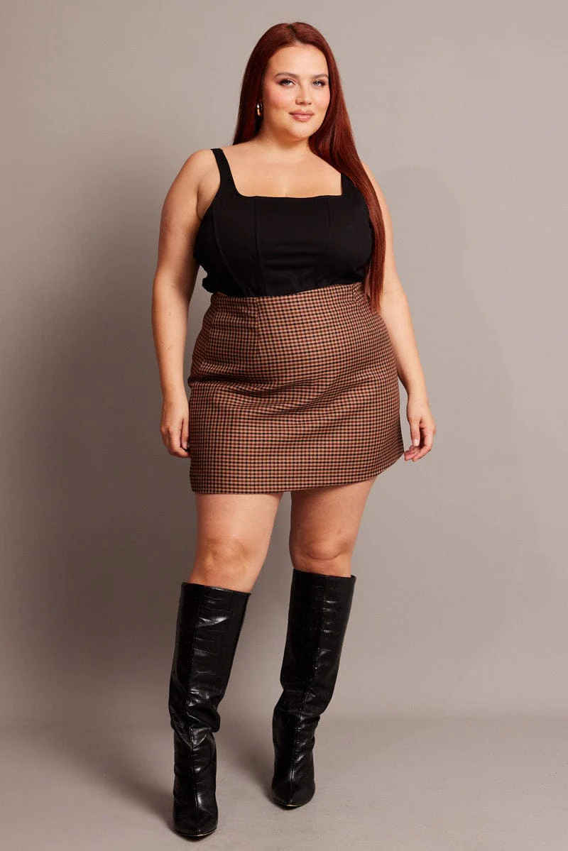 Brown Check Split Mini Skirt - Image 3