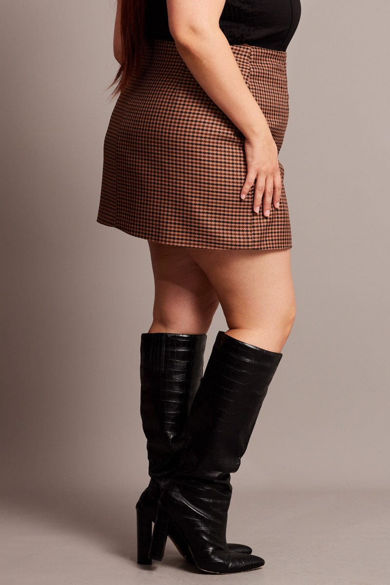 Brown Check Split Mini Skirt - Image 5