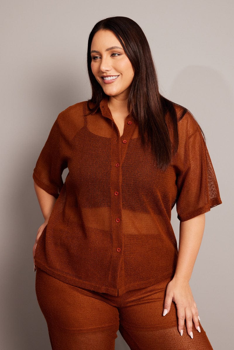 Brown Collar Knit Top Short Sleeve - Image 3