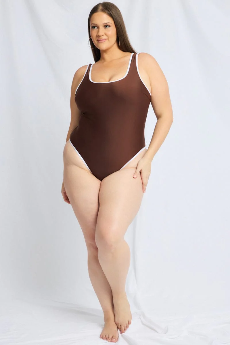 Brown Contrast One Piece Swimsuit - Image 3