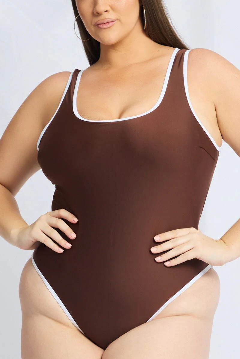 Brown Contrast One Piece Swimsuit - Image 6