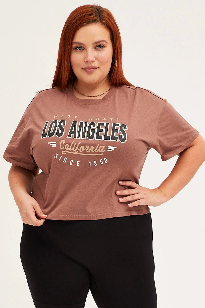 Brown Cotton T-shirt Embroidered Los Angeles - Image 3