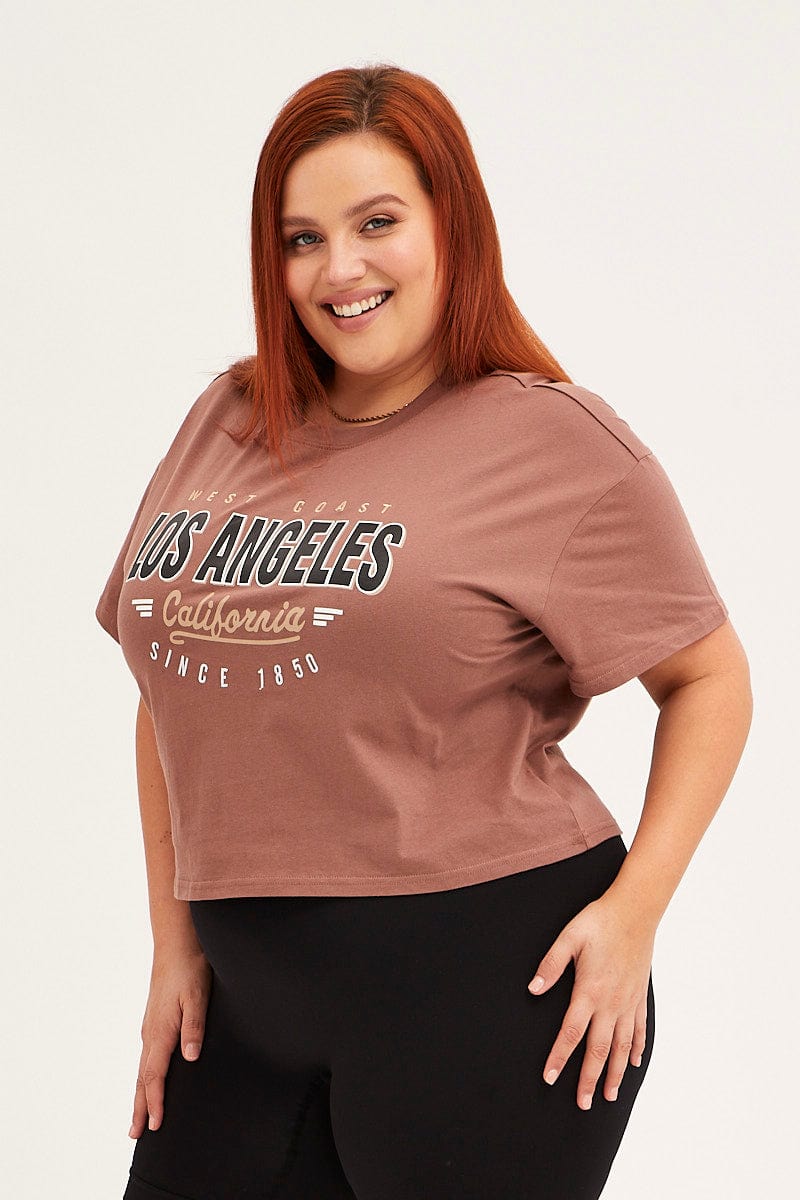 Brown Cotton T-shirt Embroidered Los Angeles - Image 4