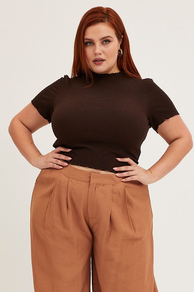 Brown Crew Neck Short Sleeve Textured T-shirt