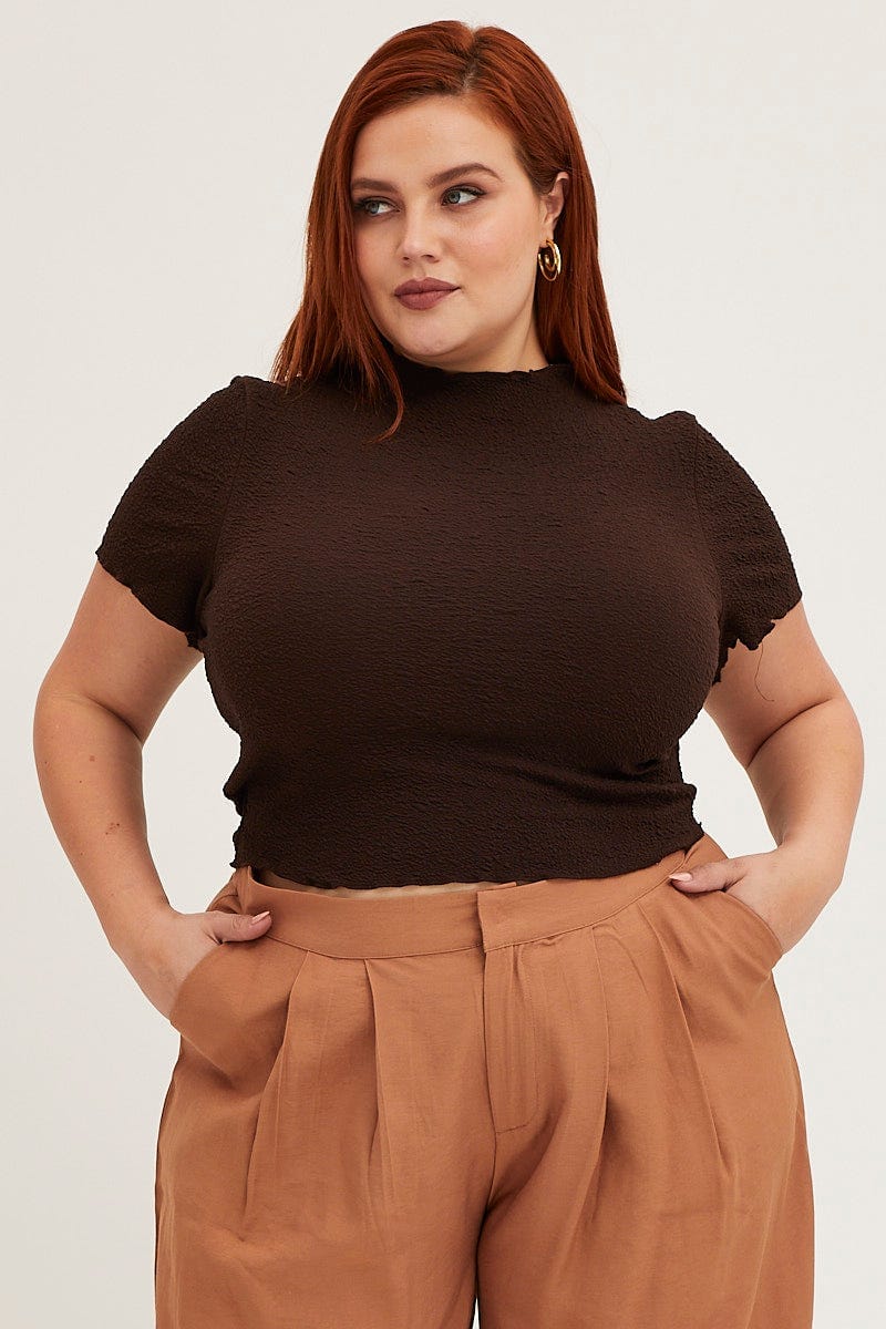 Brown Crew Neck Short Sleeve Textured T-shirt - Image 3
