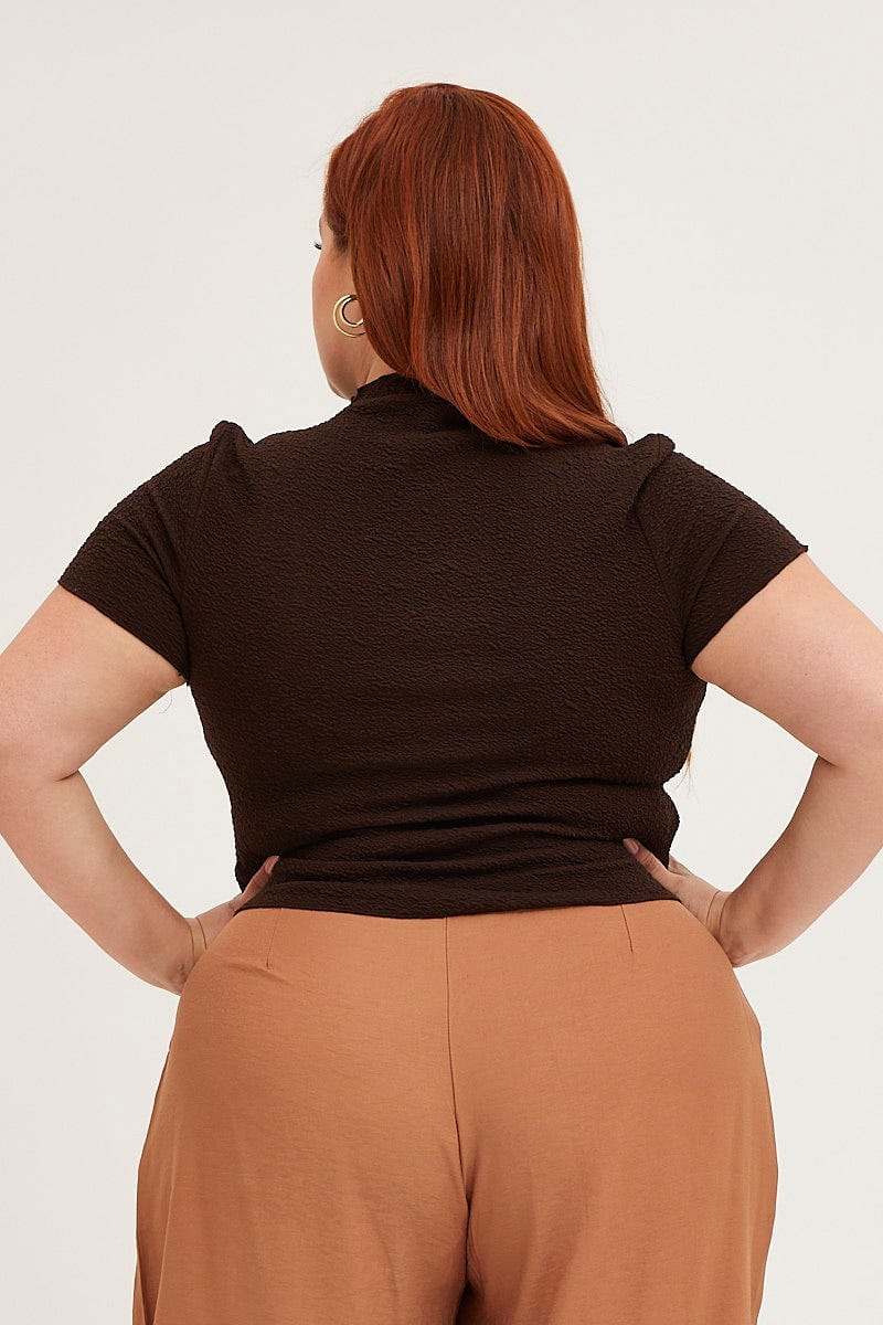 Brown Crew Neck Short Sleeve Textured T-shirt - Image 5