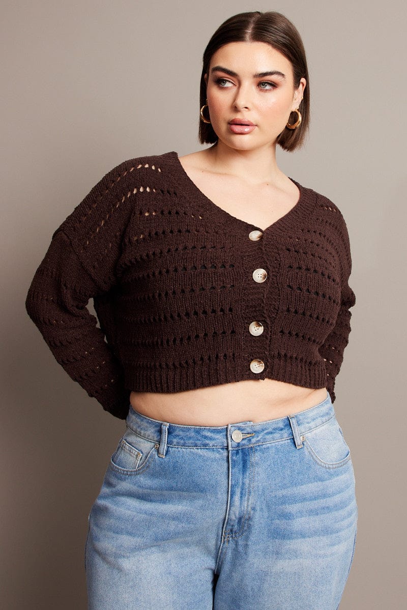 Brown Crochet Knit Cardigan V-neck - Image 3