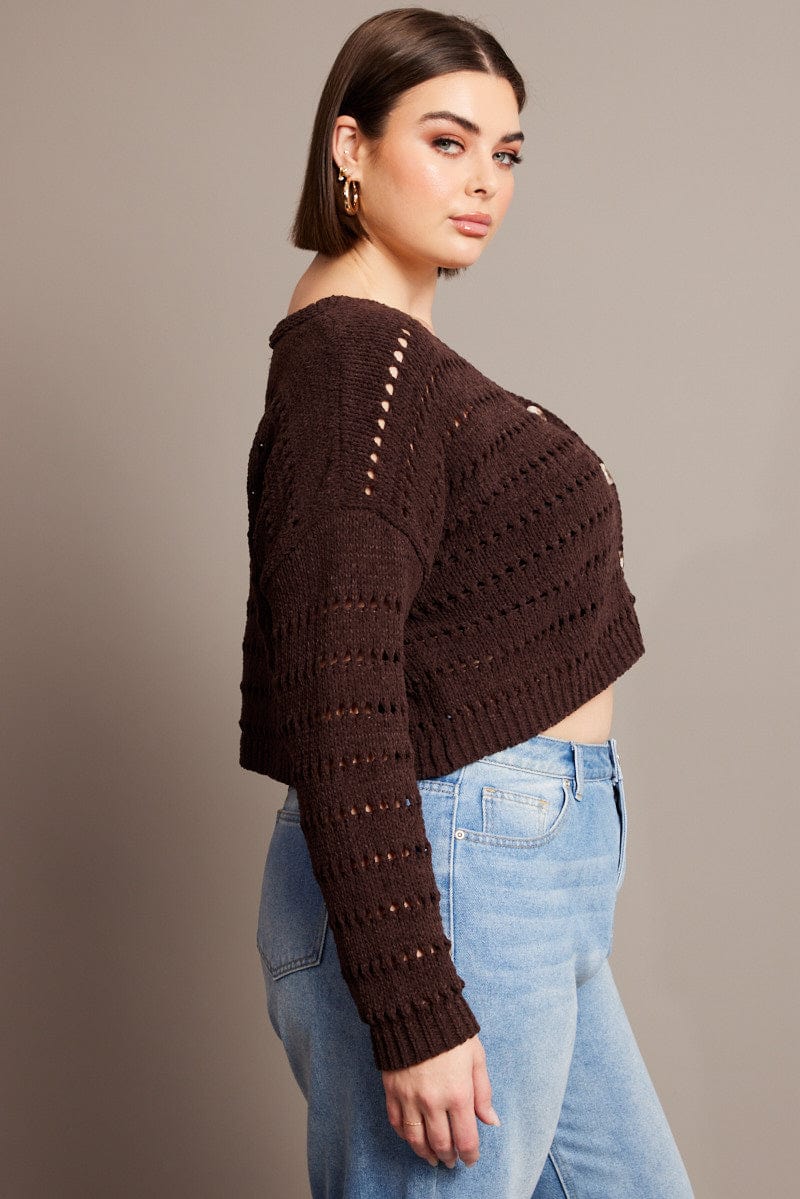 Brown Crochet Knit Cardigan V-neck - Image 4