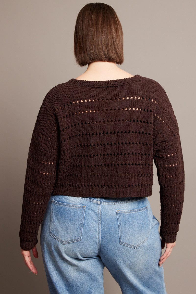 Brown Crochet Knit Cardigan V-neck - Image 5