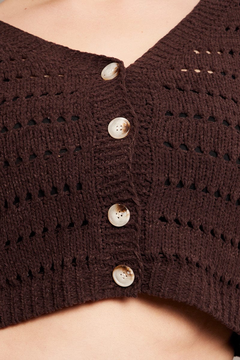 Brown Crochet Knit Cardigan V-neck - Image 6