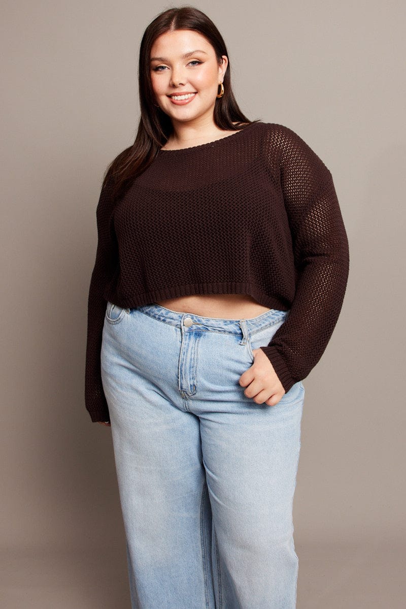 Brown Crochet Knit Jumper Crew Neck - Image 2