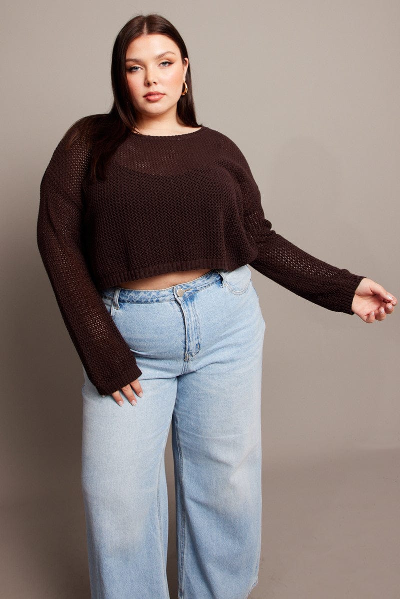 Brown Crochet Knit Jumper Crew Neck - Image 3