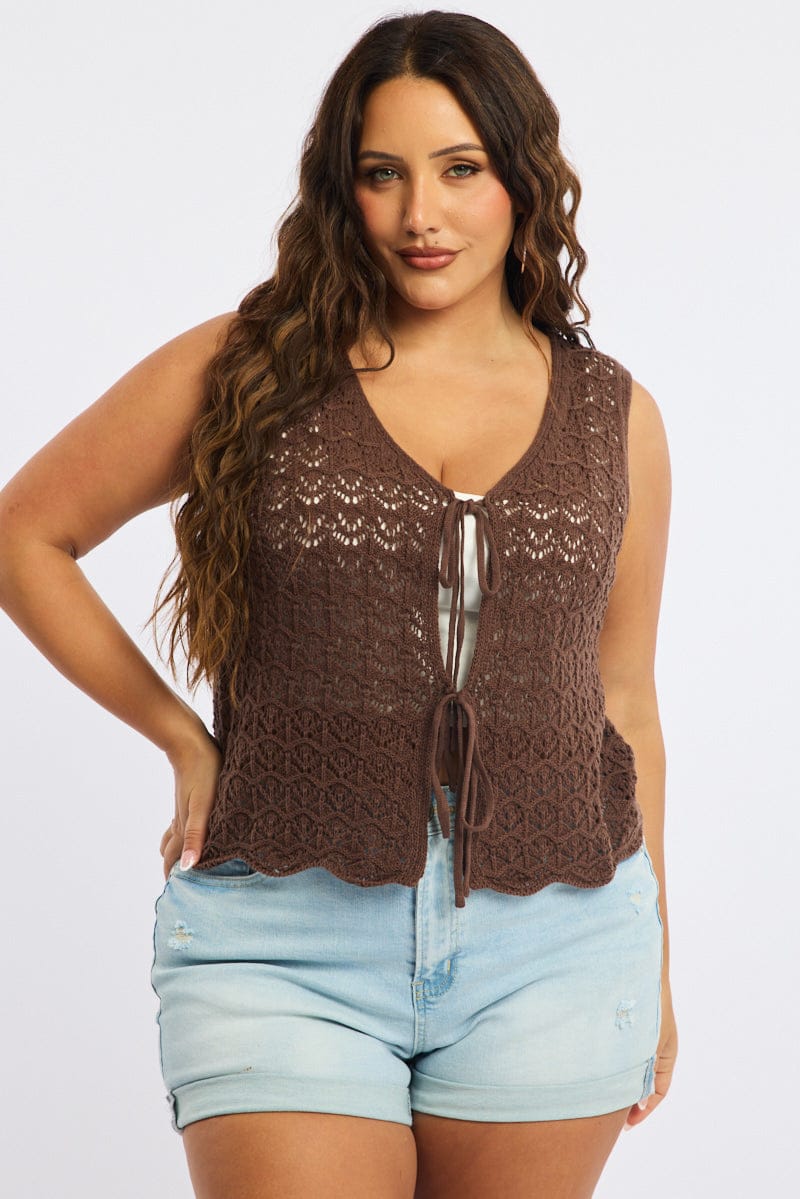 Brown Crochet Knit Vest Tie Up