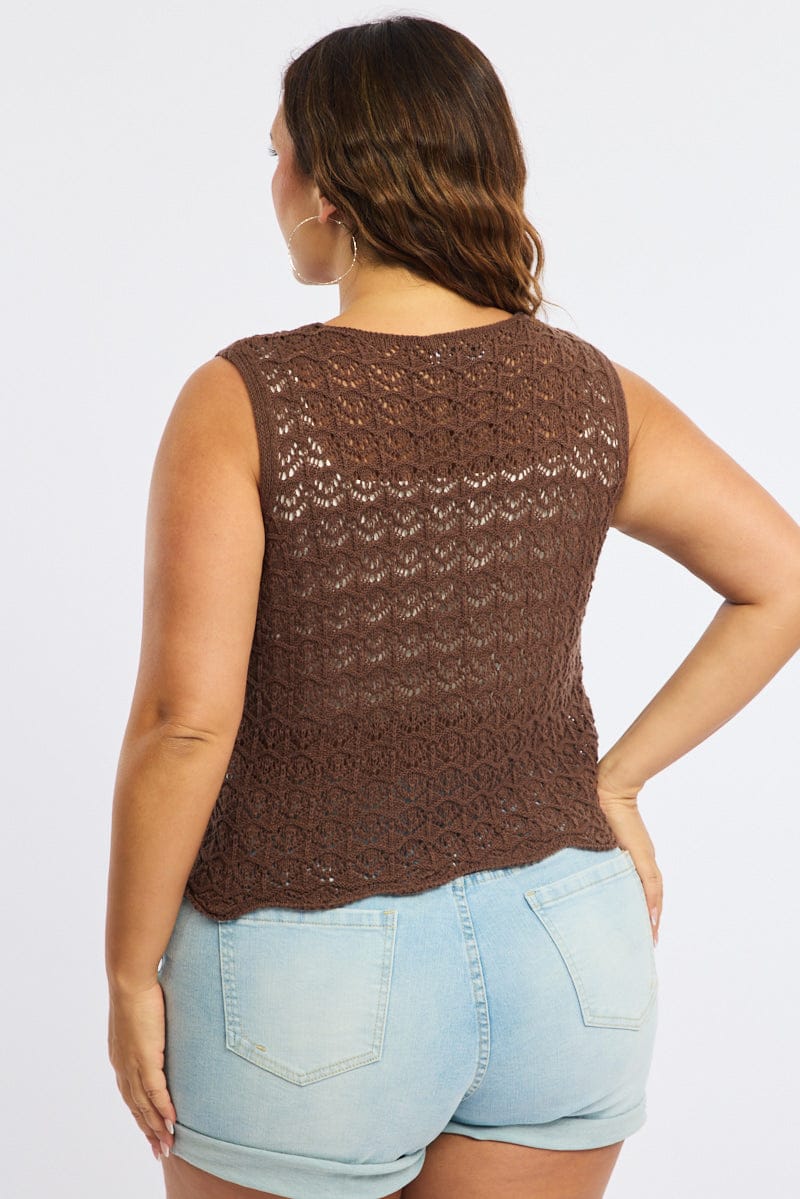 Brown Crochet Knit Vest Tie Up - Image 4