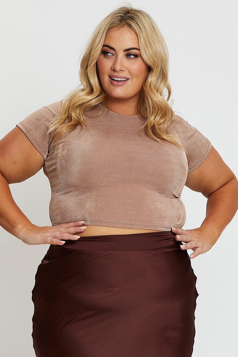 Brown Crop T-shirt Crew Neck Short Sleeve Slinky Jersey