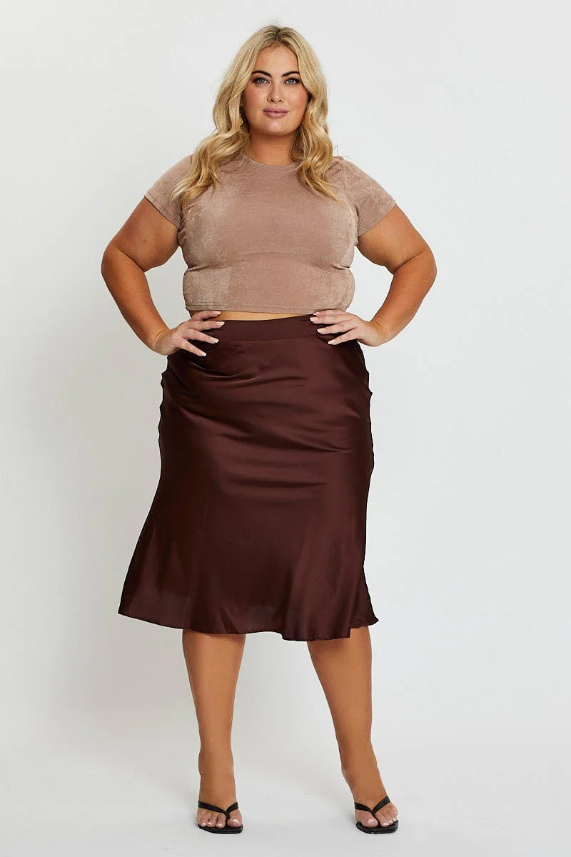 Brown Crop T-shirt Crew Neck Short Sleeve Slinky Jersey - Image 2