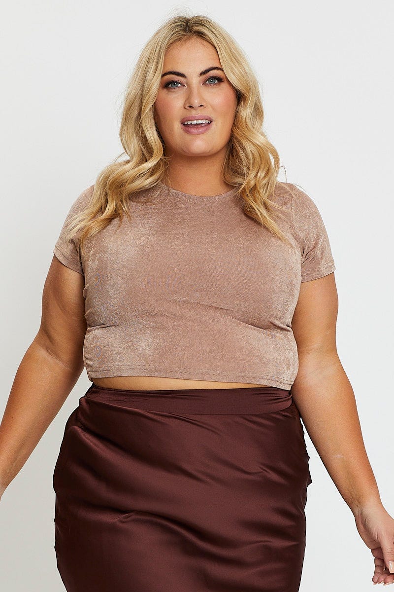 Brown Crop T-shirt Crew Neck Short Sleeve Slinky Jersey - Image 3
