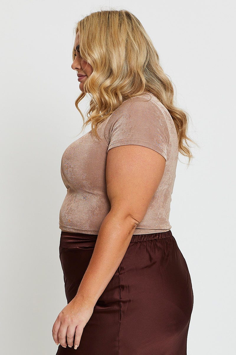 Brown Crop T-shirt Crew Neck Short Sleeve Slinky Jersey - Image 4
