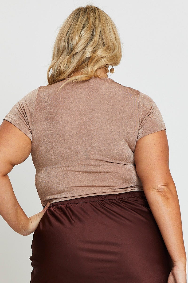 Brown Crop T-shirt Crew Neck Short Sleeve Slinky Jersey - Image 5