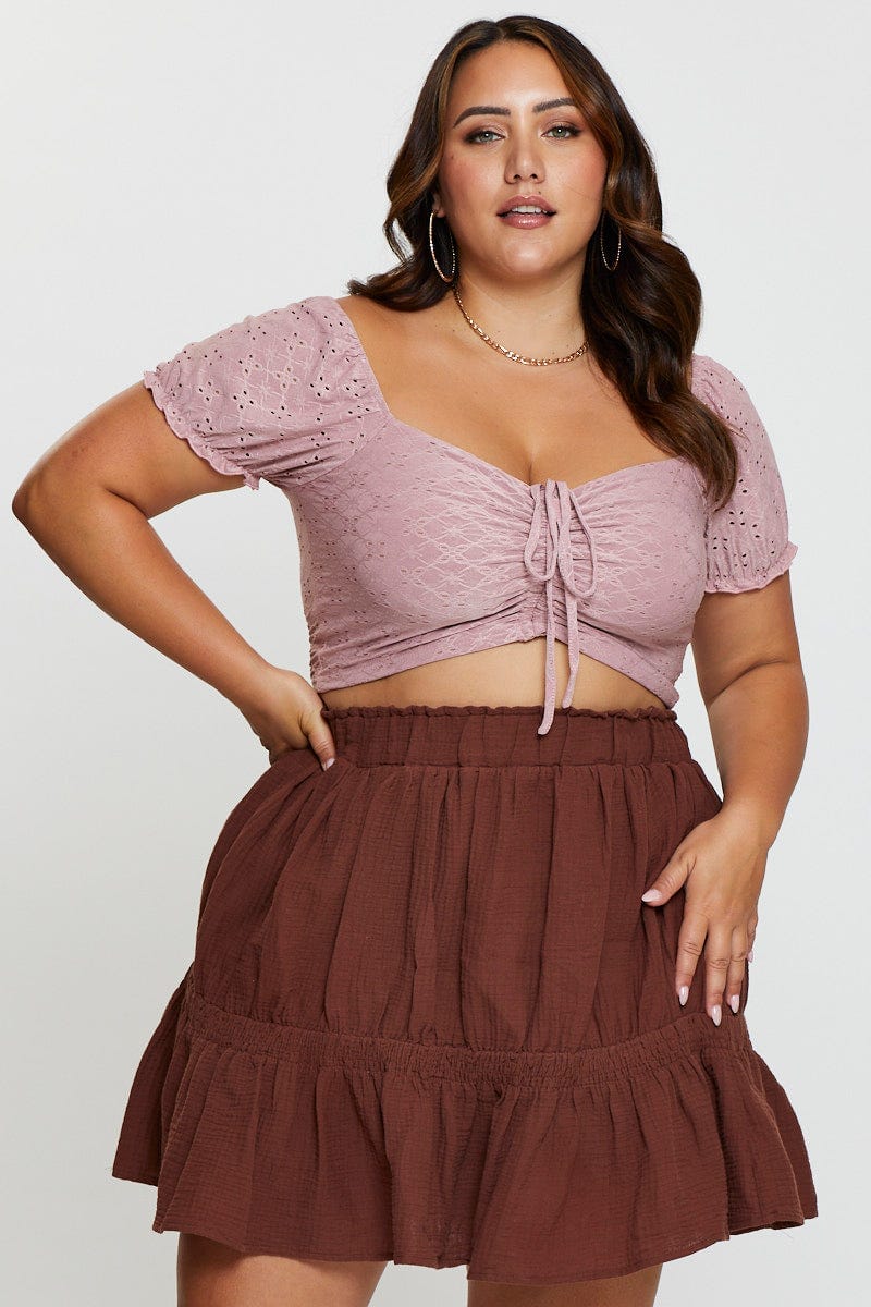 Brown Crop Top Broderie Lace Puff Sleeve Drawstring
