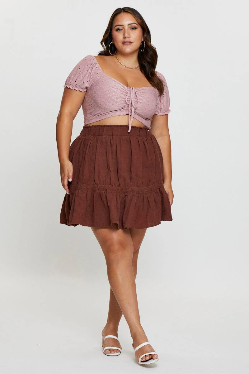 Brown Crop Top Broderie Lace Puff Sleeve Drawstring - Image 2