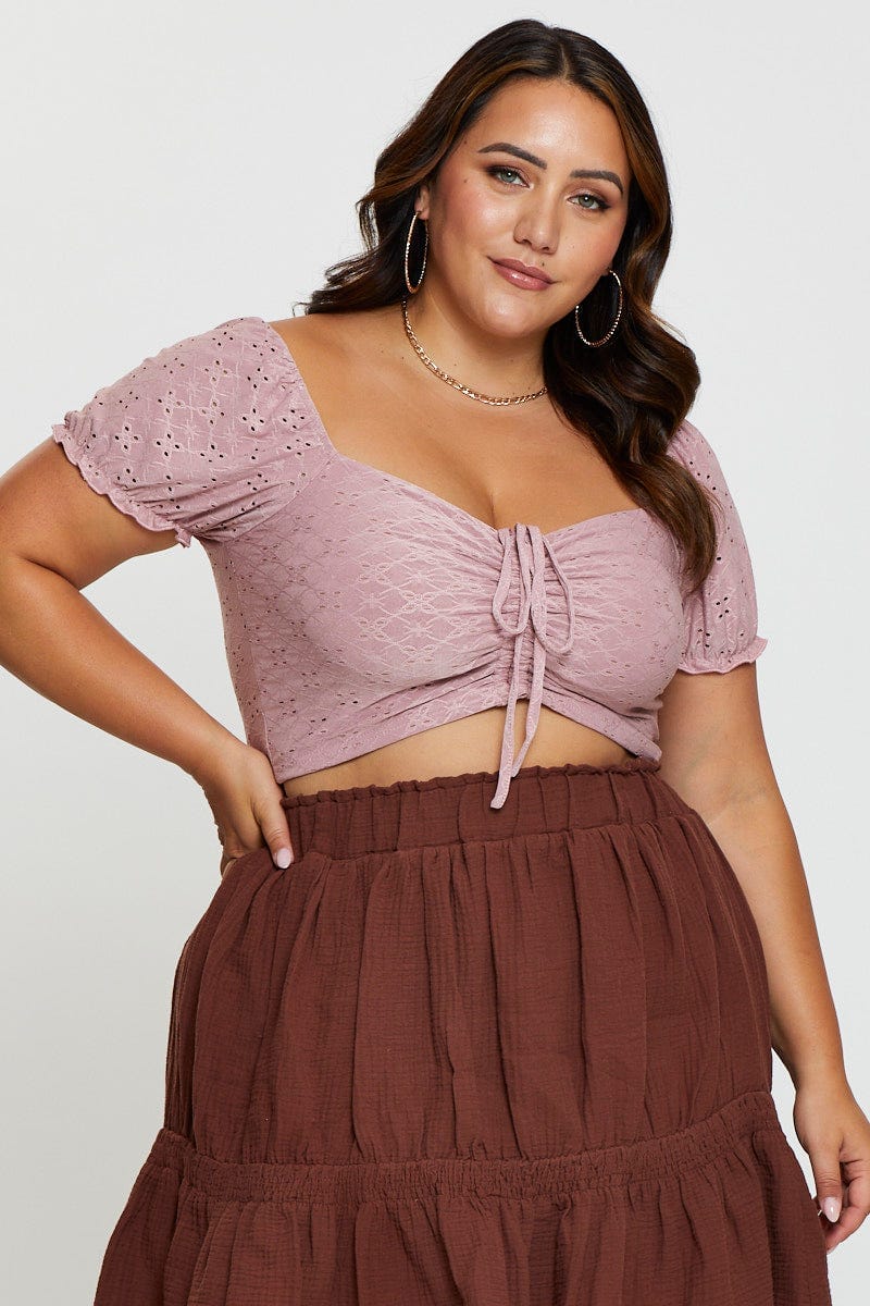 Brown Crop Top Broderie Lace Puff Sleeve Drawstring - Image 3