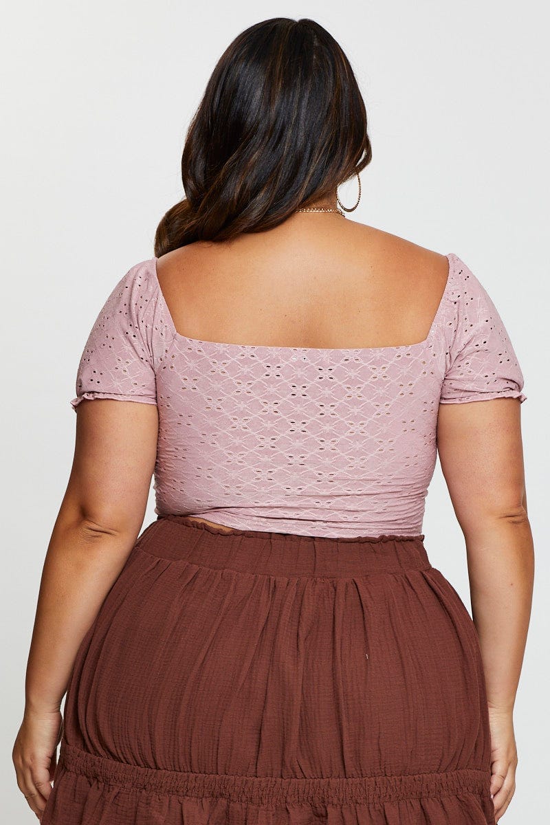 Brown Crop Top Broderie Lace Puff Sleeve Drawstring - Image 5