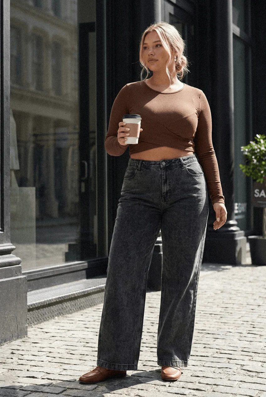 Brown Crop Top Crew Neck Long Sleeve Cross Front