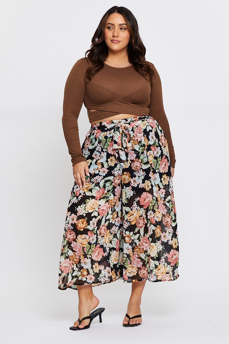 Brown Crop Top Crew Neck Long Sleeve Cross Front - Image 3