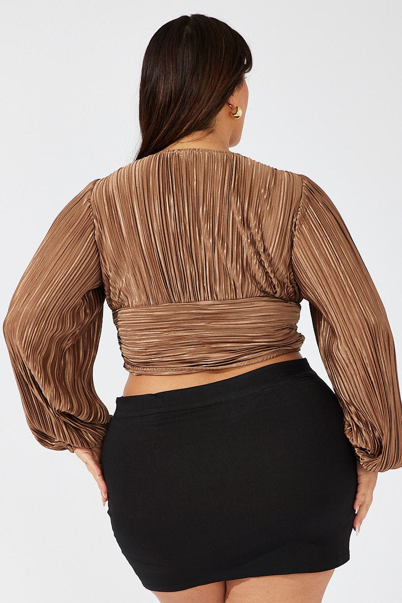 Brown Crop Top Long Sleeve Ruched Plisse - Image 5