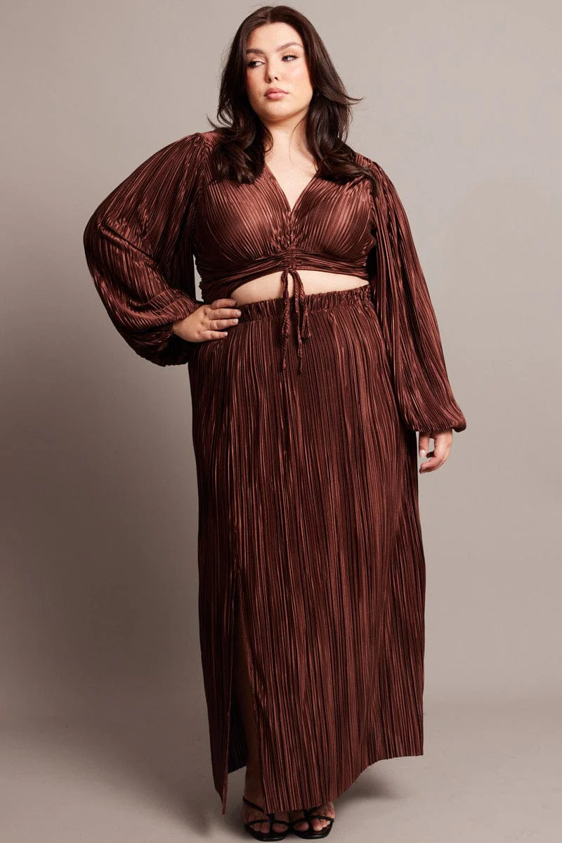 Brown Crop Top Long Sleeve V-neck Plisse - Image 2