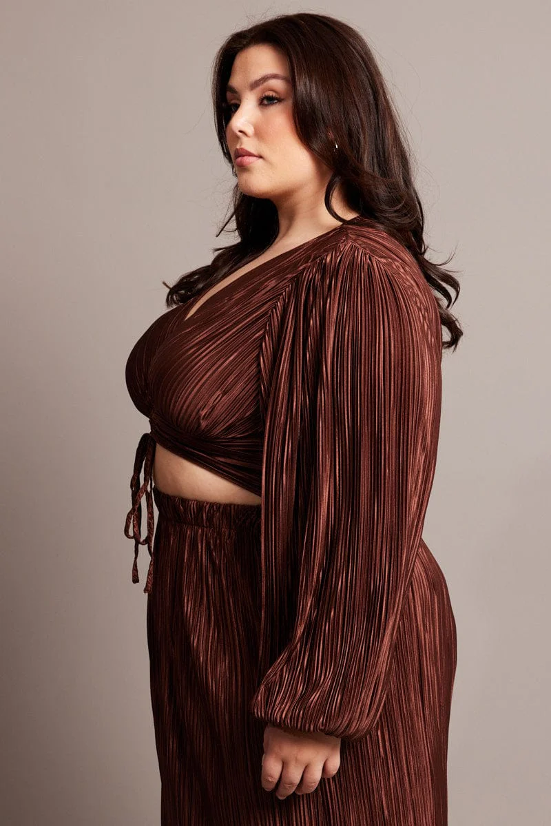 Brown Crop Top Long Sleeve V-neck Plisse - Image 4