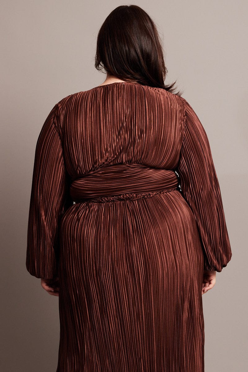 Brown Crop Top Long Sleeve V-neck Plisse - Image 5