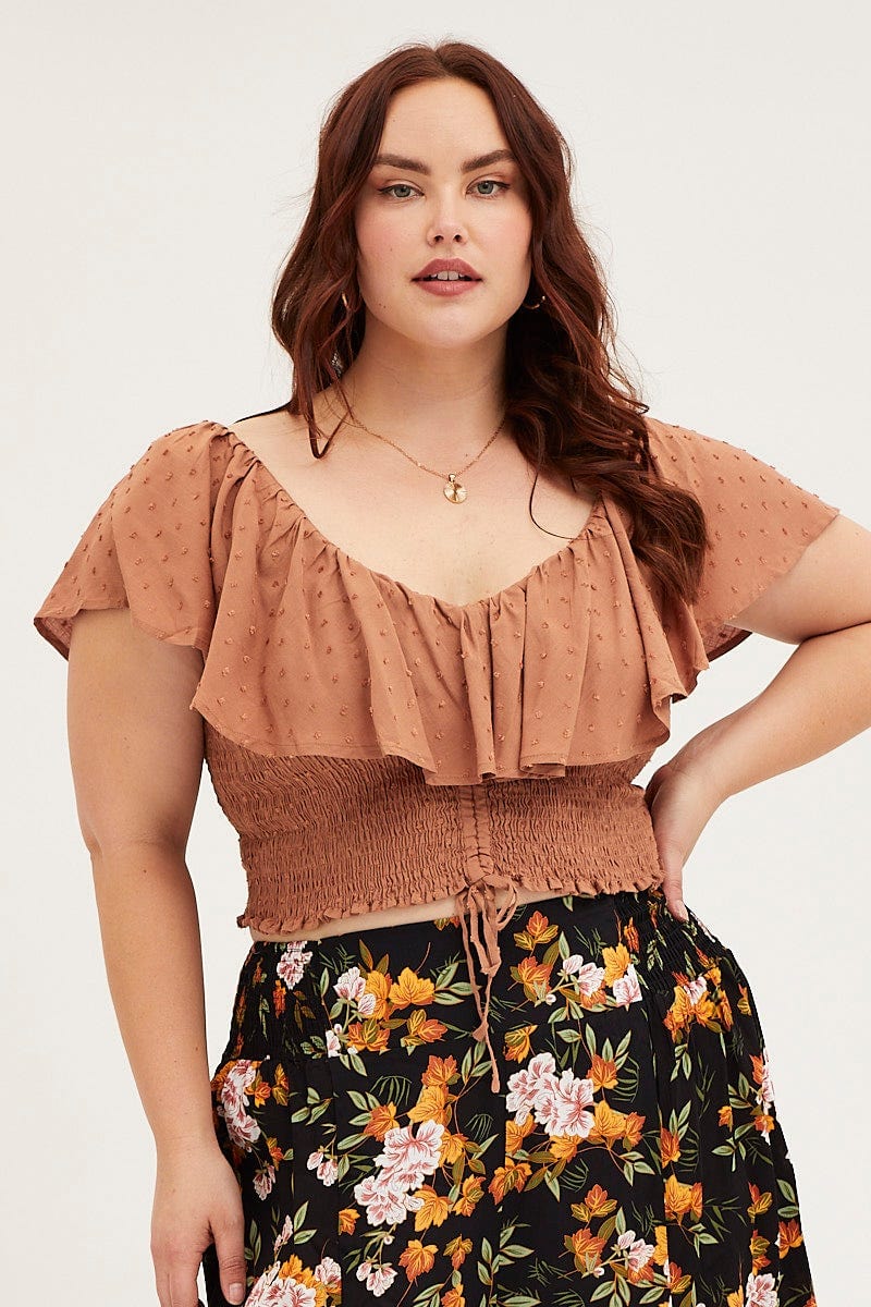 Brown Crop Top Short Sleeve Frill