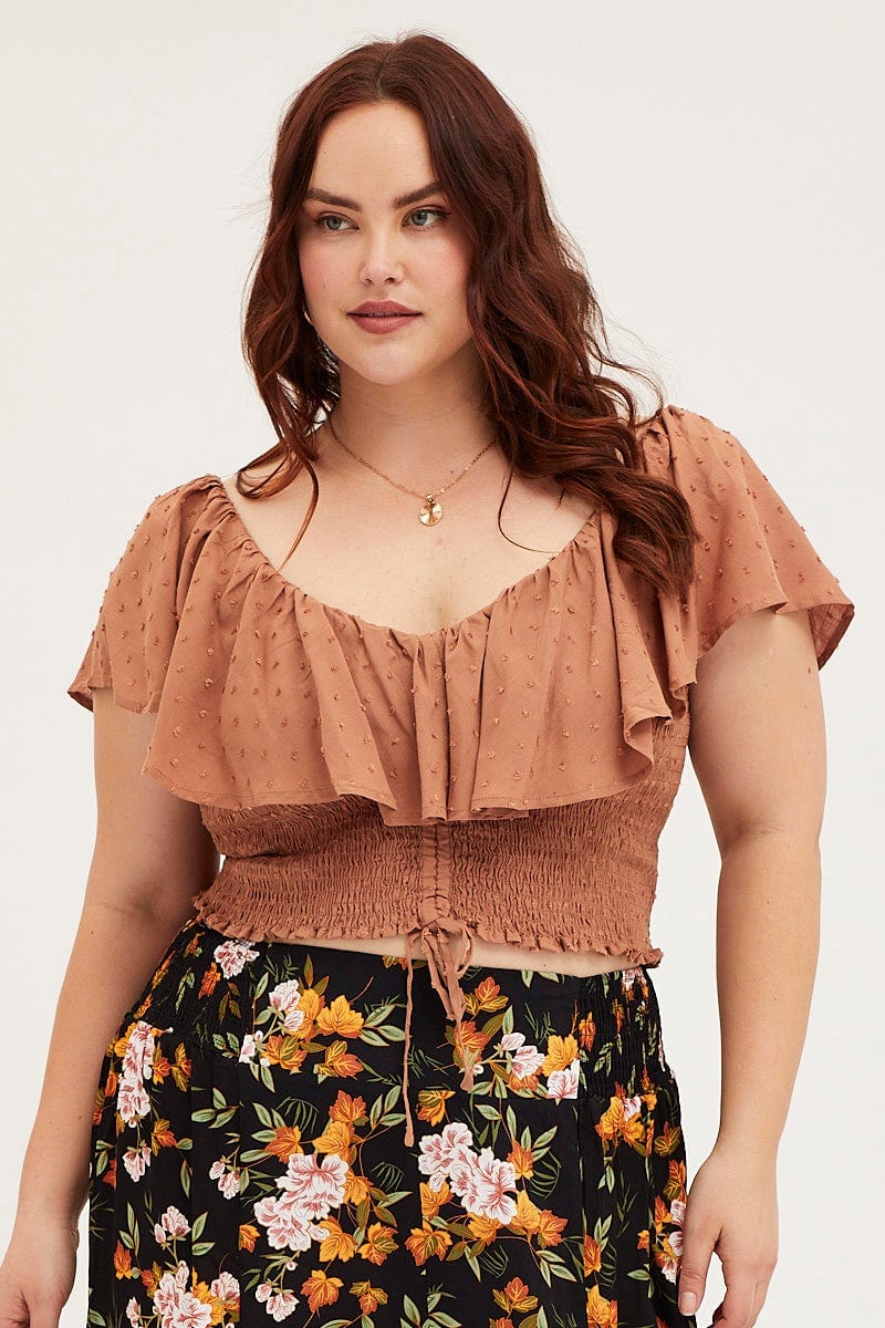 Brown Crop Top Short Sleeve Frill - Image 3