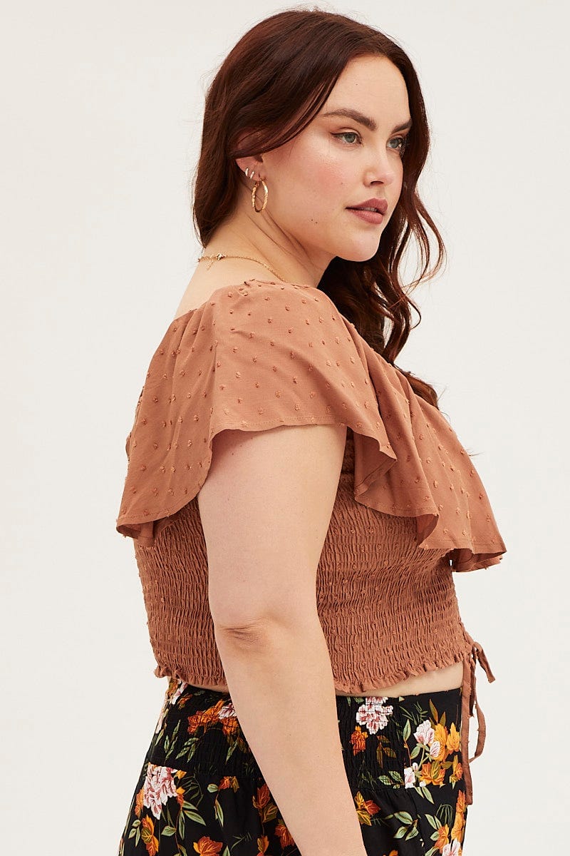 Brown Crop Top Short Sleeve Frill - Image 4