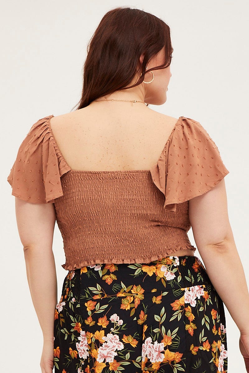 Brown Crop Top Short Sleeve Frill - Image 5