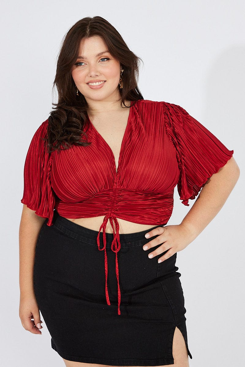 Brown Crop Top Short Sleeve Plisse - Image 3