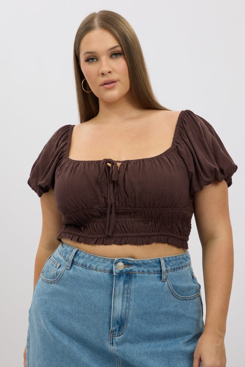 Brown Crop Top Short Sleeve Ruched Bust Linen Blend
