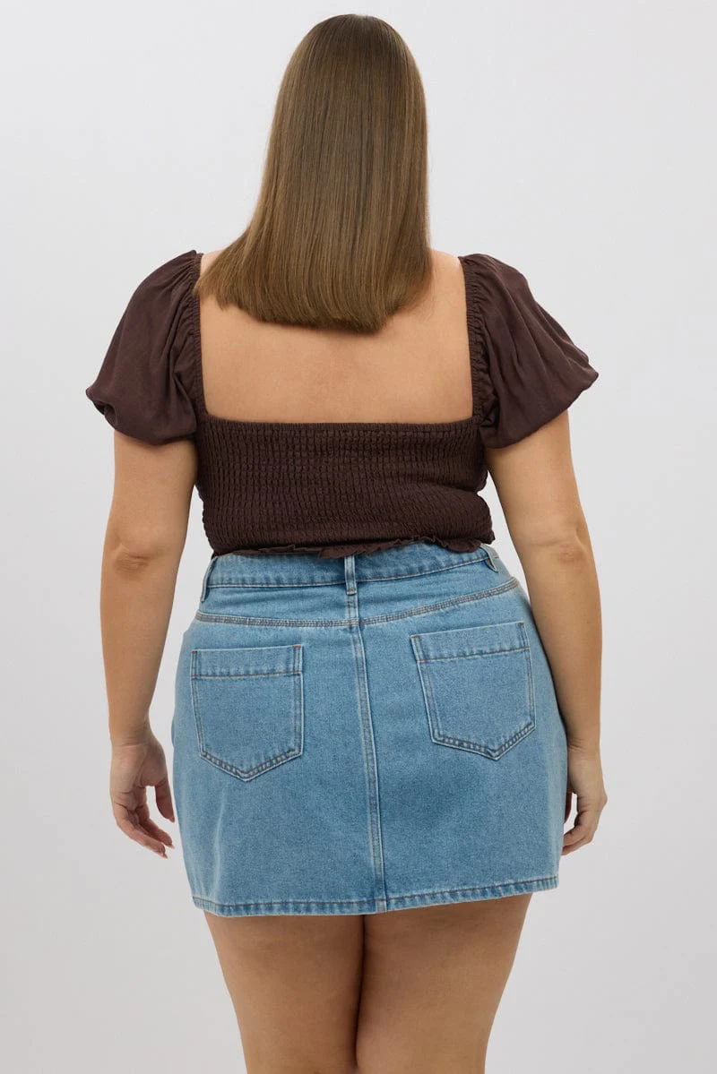 Brown Crop Top Short Sleeve Ruched Bust Linen Blend - Image 5