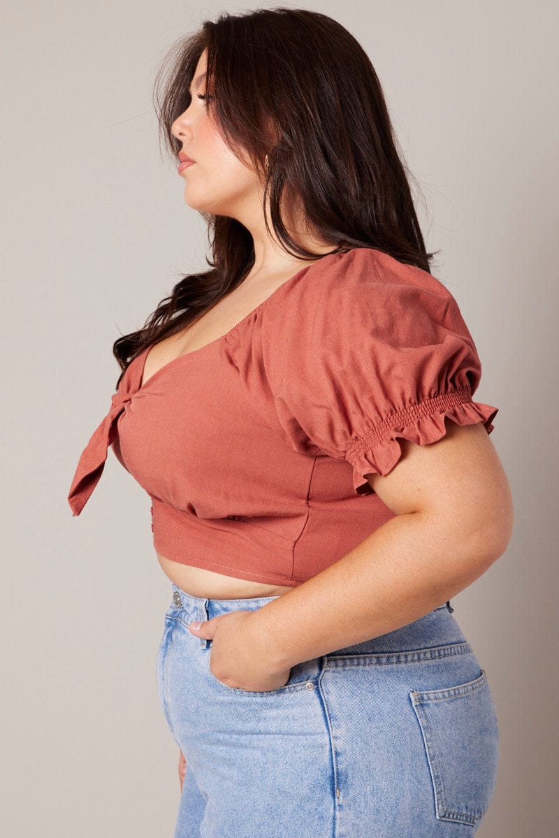 Brown Crop Top Short Sleeve Tie Front - Image 4