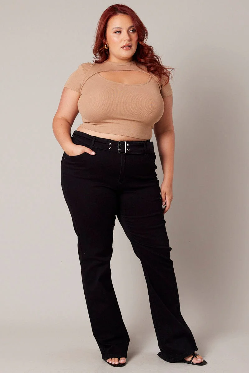 Brown Cut Out Top Short Sleeve Crew Neck - Image 2