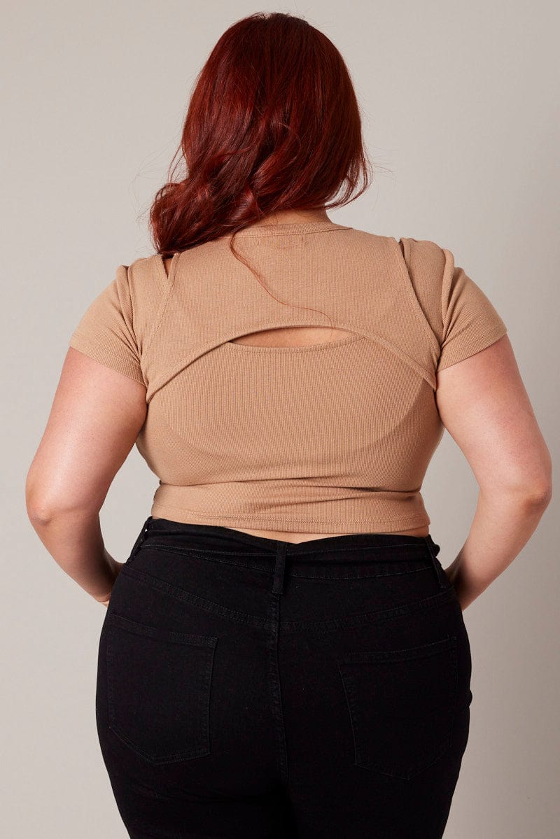 Brown Cut Out Top Short Sleeve Crew Neck - Image 5