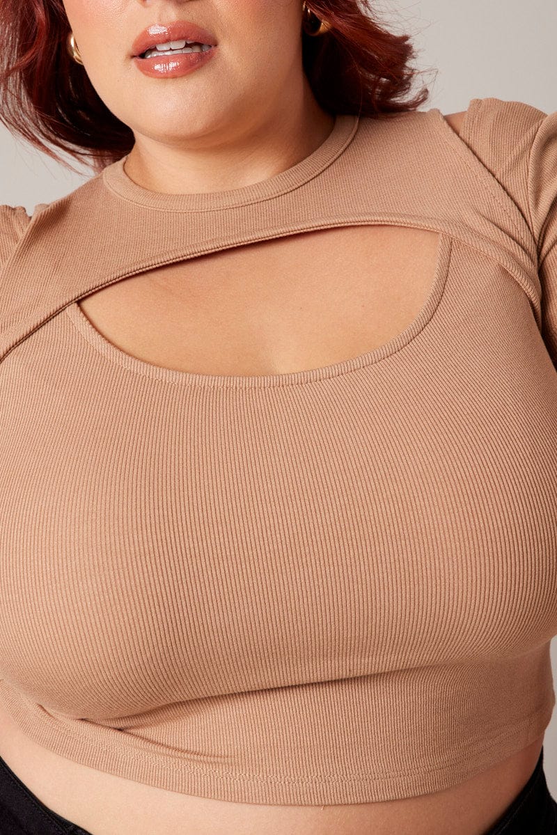 Brown Cut Out Top Short Sleeve Crew Neck - Image 6